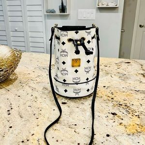 MCM White and Black Bucket Bag